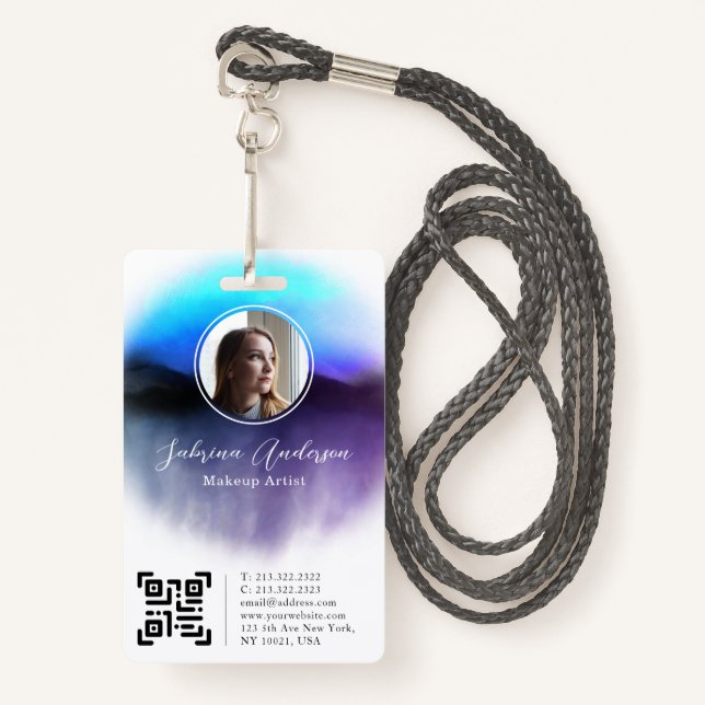 Chic Ombre Watercolor Abstract Script Photo Logo ID Badge (Front with Lanyard)