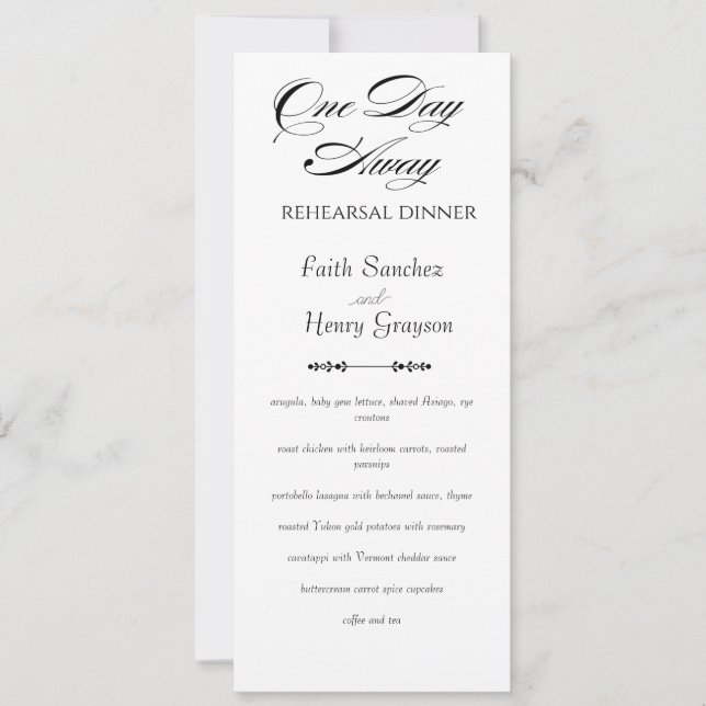 Chic One Day Away Rehearsal Dinner Menu Card (Front)