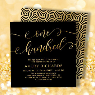 Chic One Hundred Script Black Gold 100th Birthday Invitation
