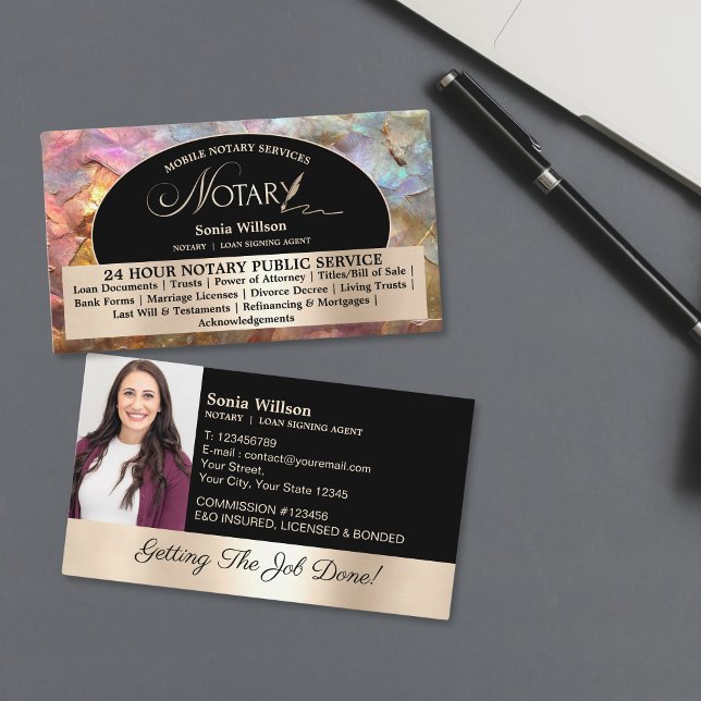 Chic Opal Mobile Notary & Loan Signing Agent Photo Business Card (iridescent opal background)