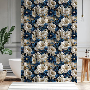 Chic Opulent Blue White Ivory Floral Bath Shower Curtain