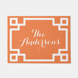 Chic Orange and White Greek Key Monogram Doormat