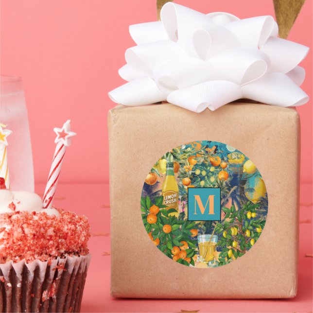 Chic orange blue turquoise sicilian citrus collage classic round sticker (Party)