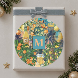 Chic orange blue turquoise sicilian citrus collage classic round sticker