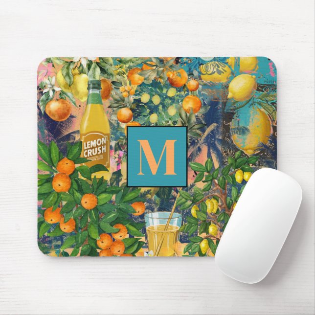 Chic orange blue turquoise sicilian citrus collage mouse mat (With Mouse)