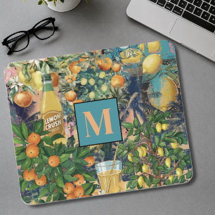Chic orange blue turquoise sicilian citrus collage mouse mat