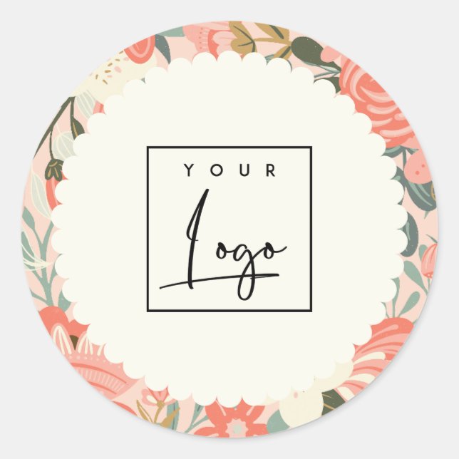 Chic Orange Blush Pink Green Ambrosia Floral Logo Classic Round Sticker (Front)