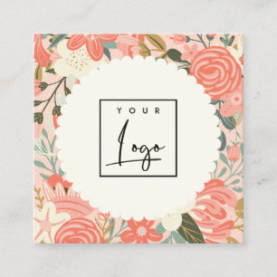 Chic Orange Blush Pink Green Ambrosia Floral Logo Square Business Card