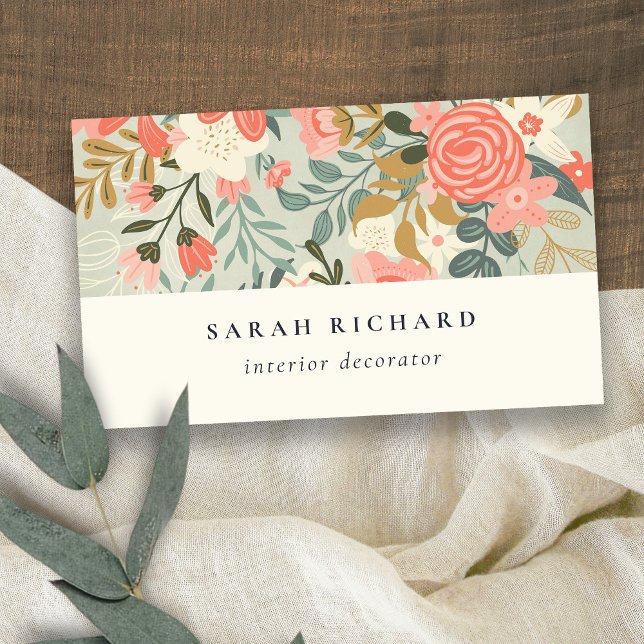 Chic Orange Blush Teal Blue Green Ambrosia Floral Business Card (Creator Uploaded)