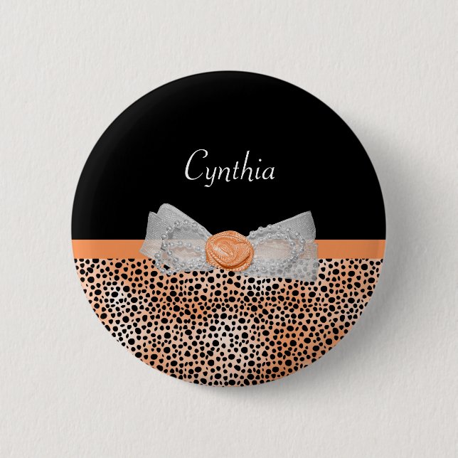 Chic Orange Cheetah Print Cute Rose Bow and Name 6 Cm Round Badge (Front)