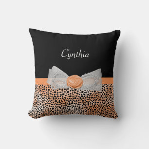 Chic Orange Cheetah Print Cute Rose Bow and Name Cushion