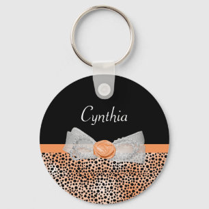 Chic Orange Cheetah Print Cute Rose Bow and Name Key Ring