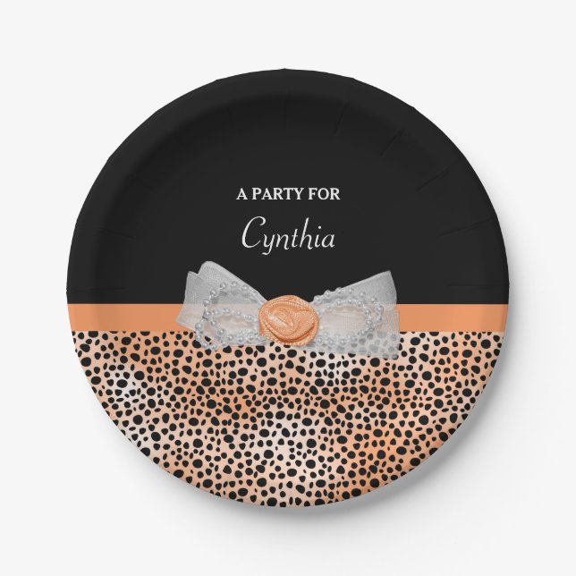 Chic Orange Cheetah Print Cute Rose Bow Party Name Paper Plate (Front)