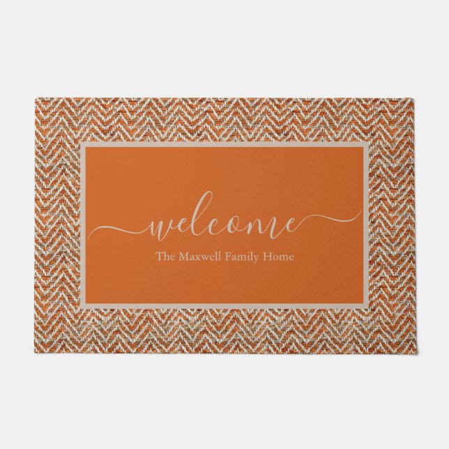 Chic orange chevron script name doormat (Front)