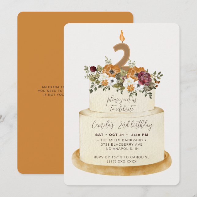 Chic Orange Fall Autumn 2nd Birthday Cake Invitation (Front/Back)