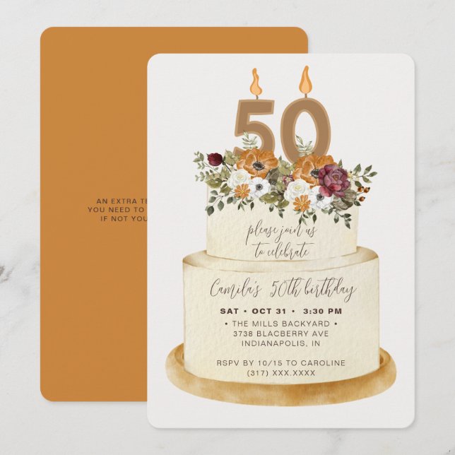 Chic Orange Fall Autumn 50th Birthday Cake Invitation (Front/Back)