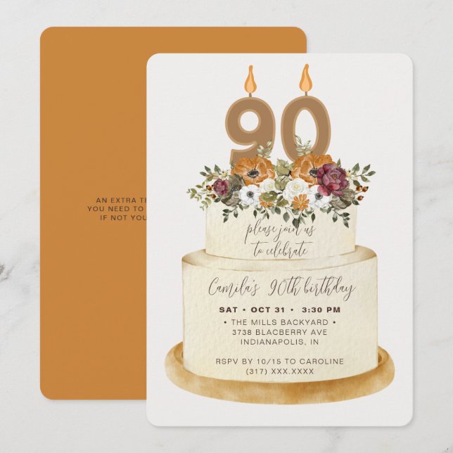 Chic Orange Fall Autumn 90th Birthday Cake Invitation (Front/Back)