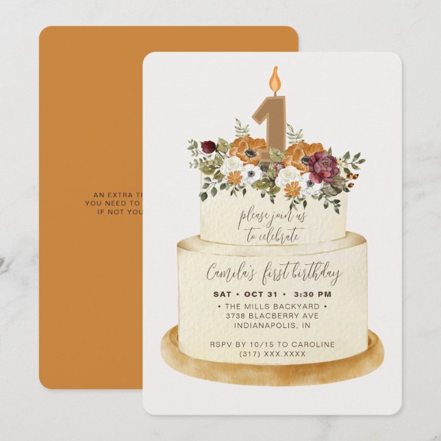 Chic Orange Fall Autumn First Birthday Cake Invitation (Front/Back)