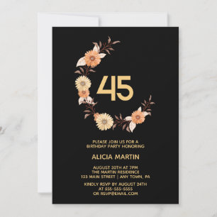 Chic Orange Flower Botanical Gold Black Birthday Invitation