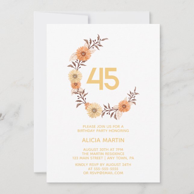 Chic Orange Flower Botanical Gold White Birthday Invitation (Front)