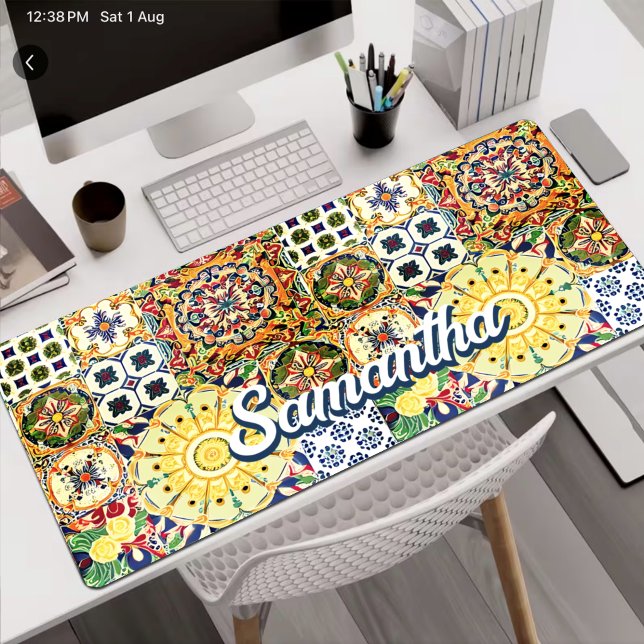 Chic Orange Geometric Mediterranean Monogram Tiles Desk Mat (Creator Uploaded)
