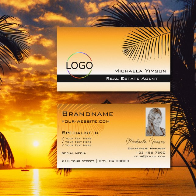 Chic Orange Gradient Palm Leaf Logo and Photo Business Card (Creator Uploaded)