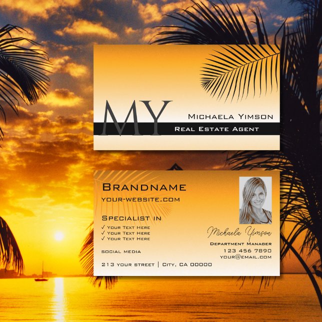 Chic Orange Gradient Palm Leaf Monogram and Photo Business Card (Creator Uploaded)