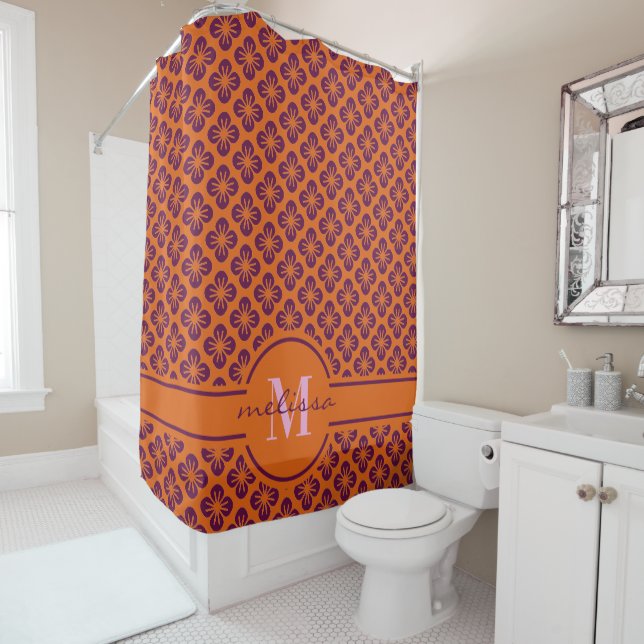 Chic Orange Grape Purple Abstract Flower  Shower Curtain (In Situ)