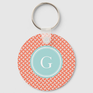 Chic orange herringbone geometric pattern monogram key ring