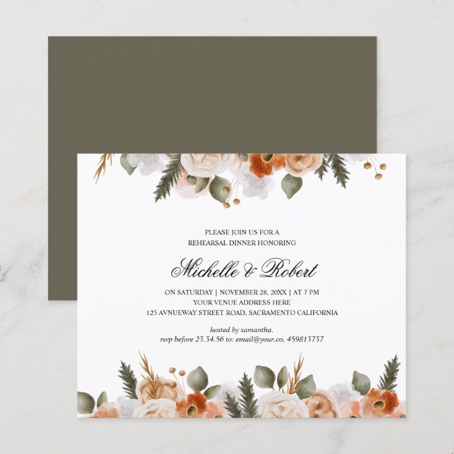 Chic Orange Ivory Moss Wedding Rehearsal Dinner (Front/Back)