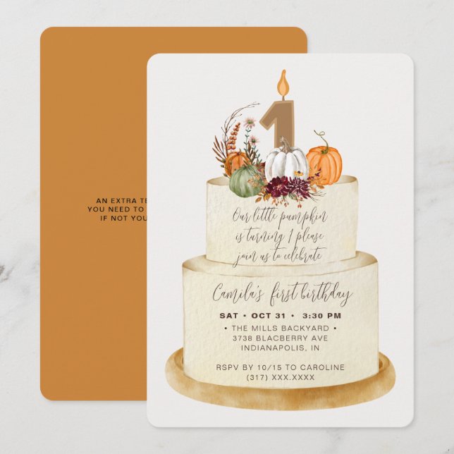 Chic Orange Little Pumpkin First Birthday Cake Invitation (Front/Back)