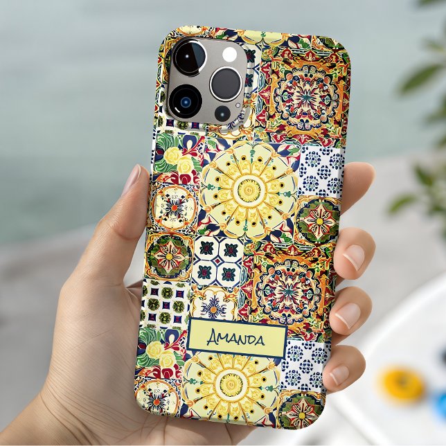 Chic Orange Mediterranean Ceramic Tile Monogram Case-Mate iPhone Case (Creator Uploaded)
