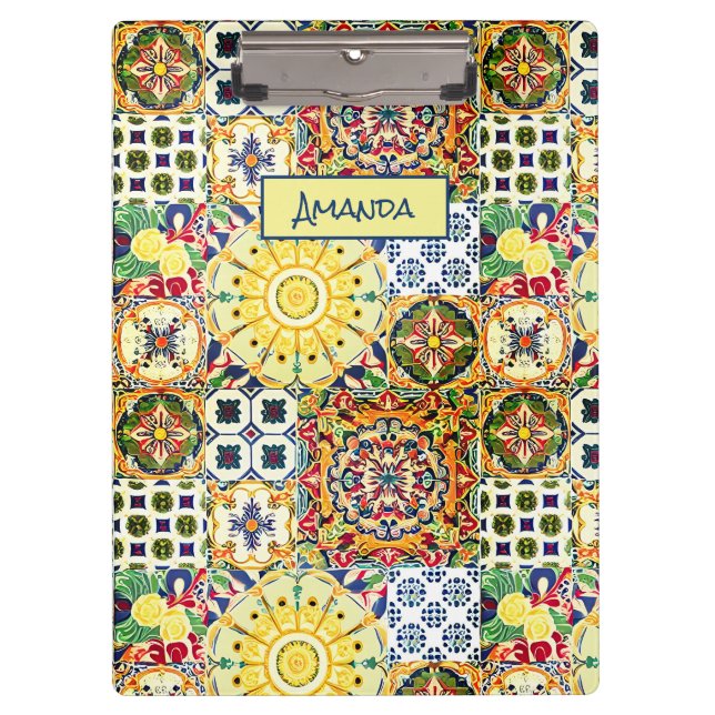 Chic Orange Mediterranean Geometric Tile Monogram Clipboard (Front)