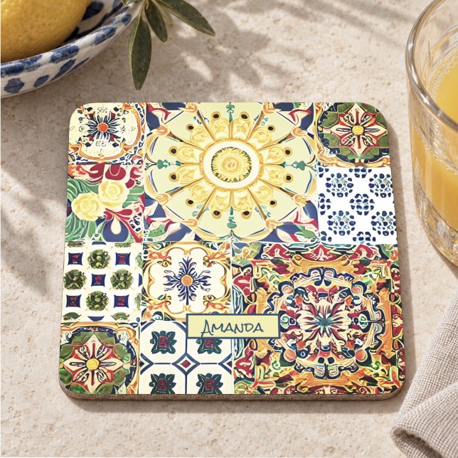 Chic Orange Mediterranean Geometric Tile Monogram Stone Coaster (Creator Uploaded)