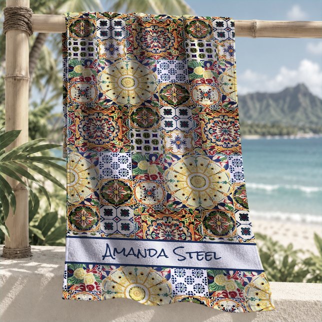 Chic Orange Mediterranean Tile Monogram Beach Towel (Creator Uploaded)