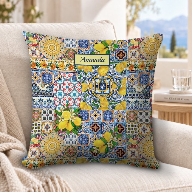 Chic Orange Mediterranean Tile Monogram Cushion (Creator Uploaded)