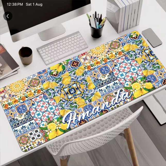 Chic Orange Mediterranean Tile Pattern Desk Mat (Creator Uploaded)