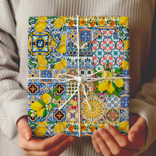 Chic Orange Mediterranean Tile Vase Wrapping Paper