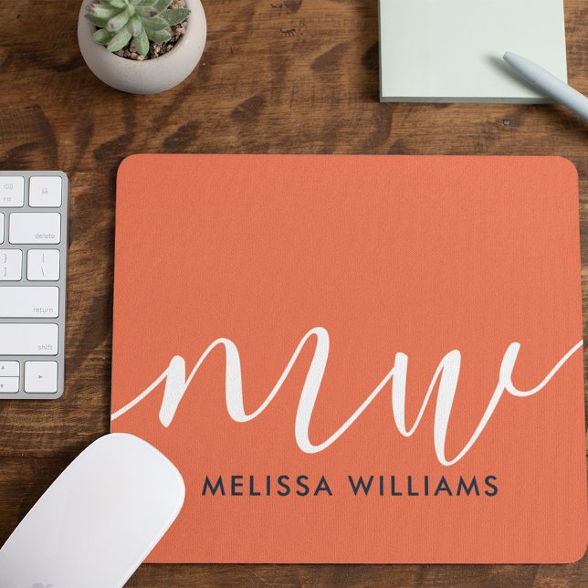 Chic Orange Minimalist Monogram Name and Initials Mouse Mat (Creator Uploaded)