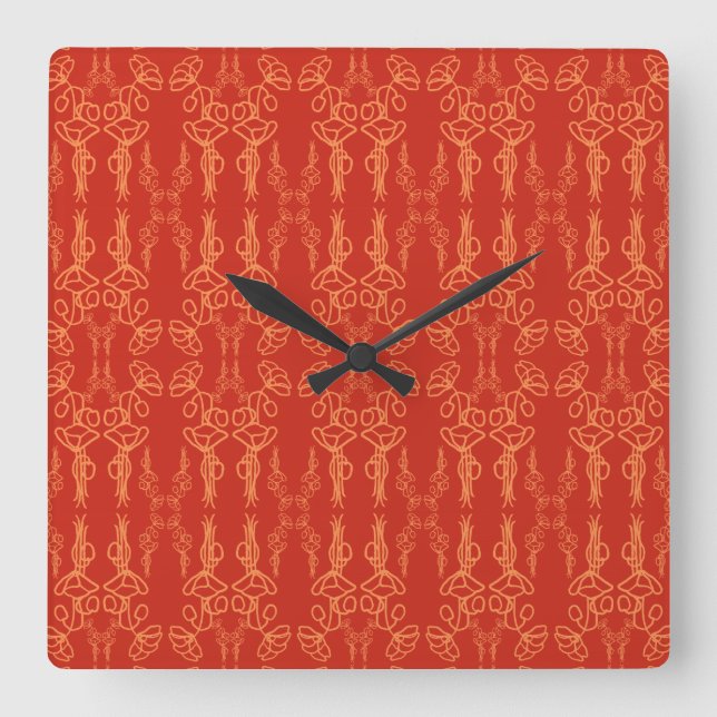 Chic Orange on Red Poppy Outline Square Wall Clock (Front)
