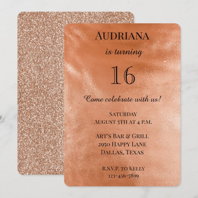 Chic Orange Peach Spice Glam Glitter Birthday Invitation (Front/Back)
