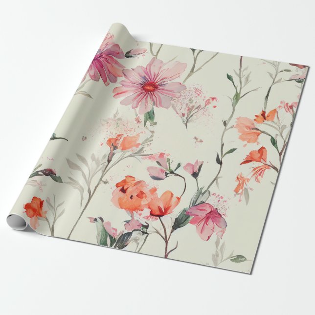 Chic Orange & Pink Feminine Floral Wedding Wrapping Paper (Unrolled)