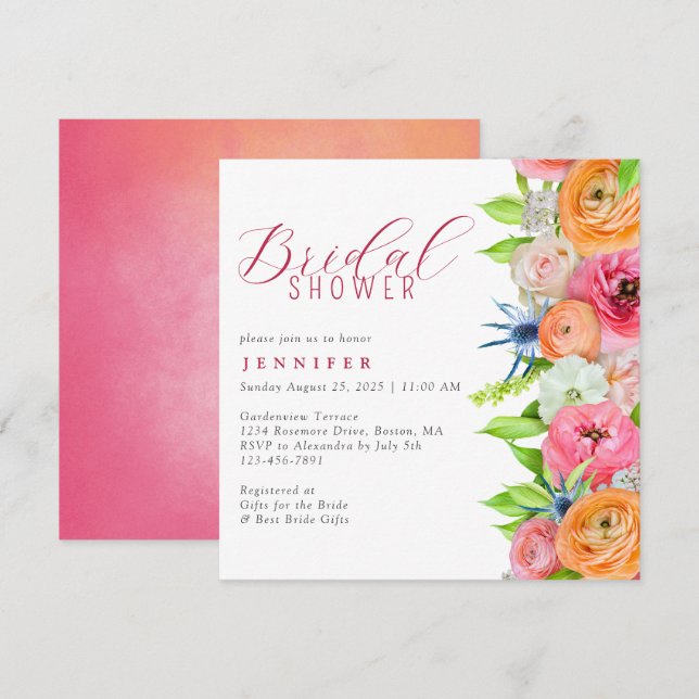 Chic Orange Pink Floral Border Bridal Shower Invit Invitation (Front/Back)