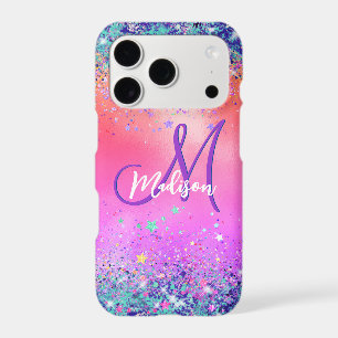 Chic orange pink iridescent faux glitter monogram