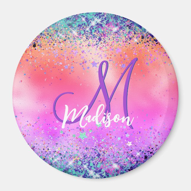 Chic orange pink iridescent faux glitter monogram magnet (Front)