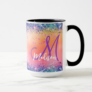 Chic orange pink iridescent faux glitter monogram mug