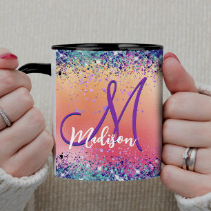 Chic orange pink iridescent faux glitter monogram mug