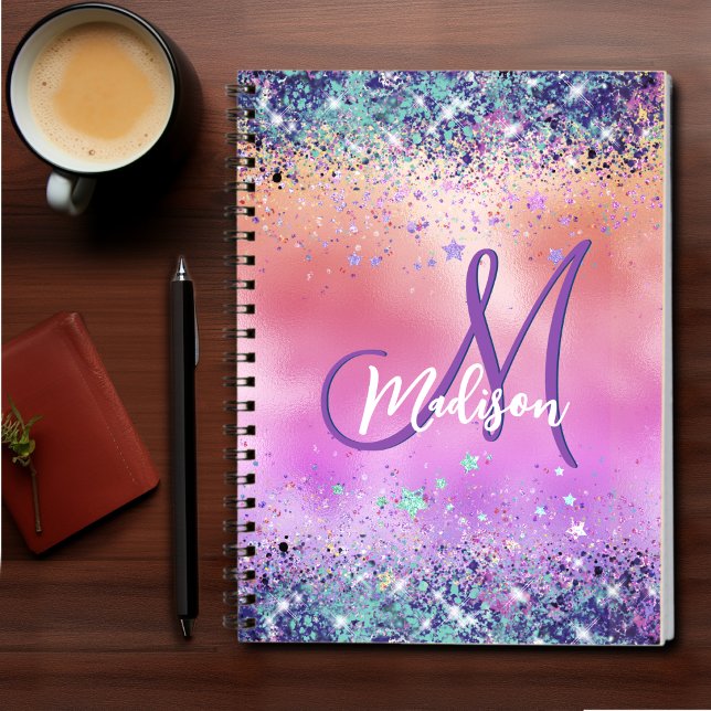Chic orange pink iridescent faux glitter monogram notebook (Creator Uploaded)