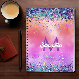 Chic orange pink iridescent faux glitter monogram notebook