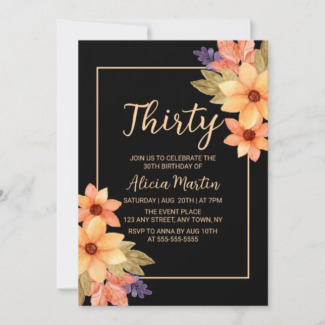 Chic Orange Red Fall Flora Any Age Black Birthday Invitation (Front)